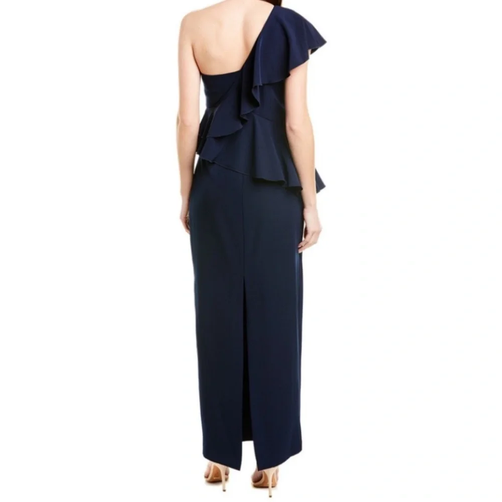 TRINA TURK Indigo Navy Blue One-Shoulder Waterfall Ruffle 12 Gown Special Event - Picture 2 of 13